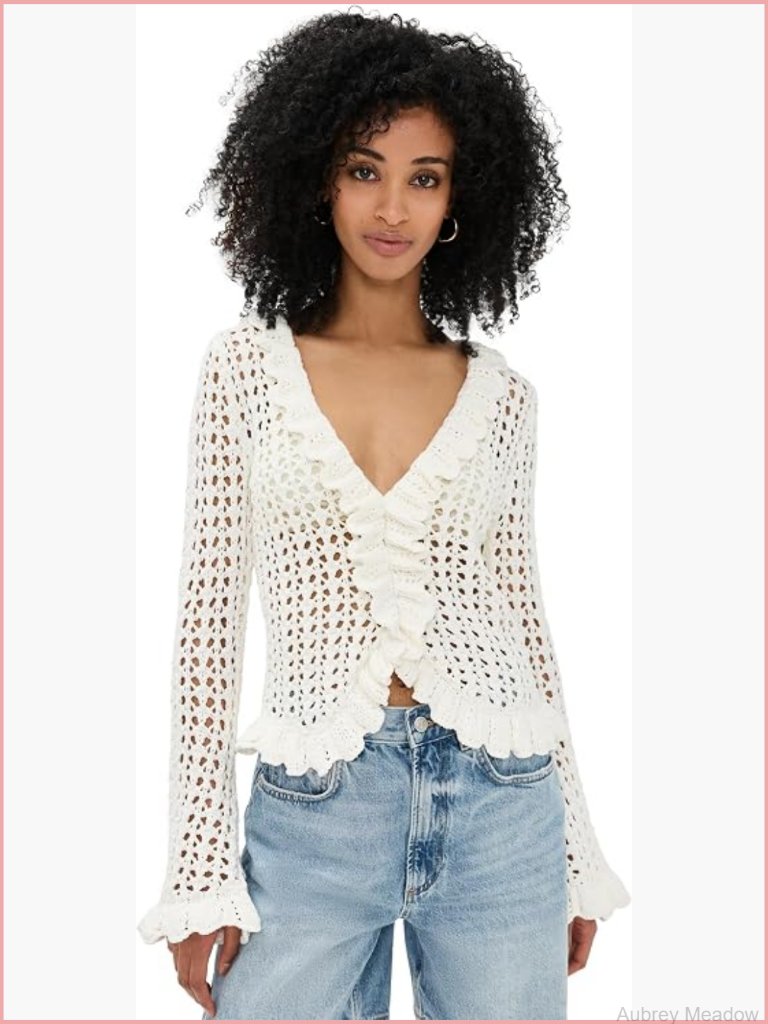 Open Stitch Cardigan - Lightweight Knit, Long Sleeve, Ruffle Trim